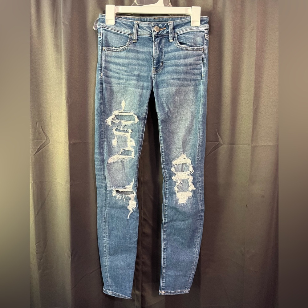 American Eagle Outfitters Blue Skinny Jeans with Distressed Details